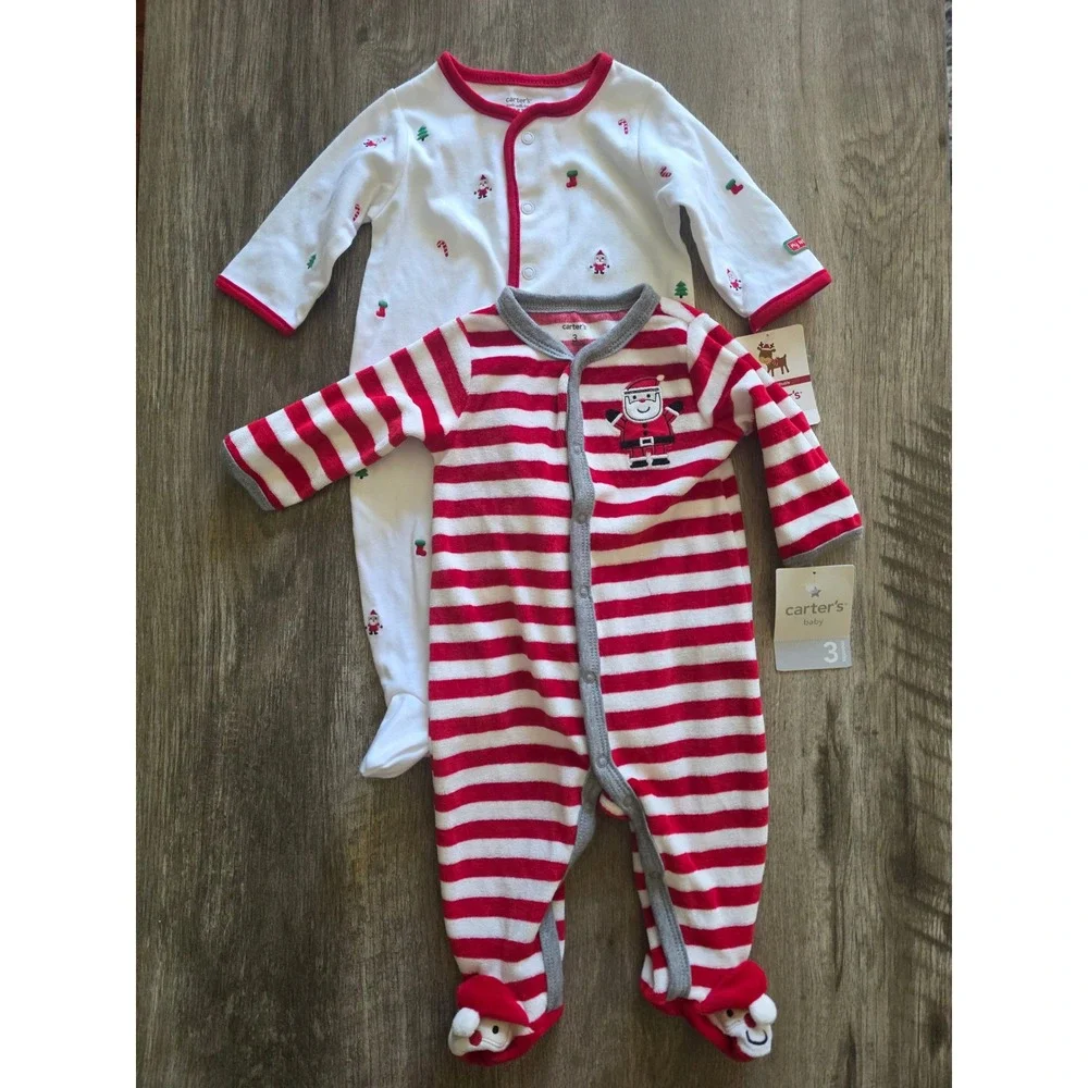 New Carters Baby 3 Months Christmas Sleep and Play 2 Pack Santa Striped Footed